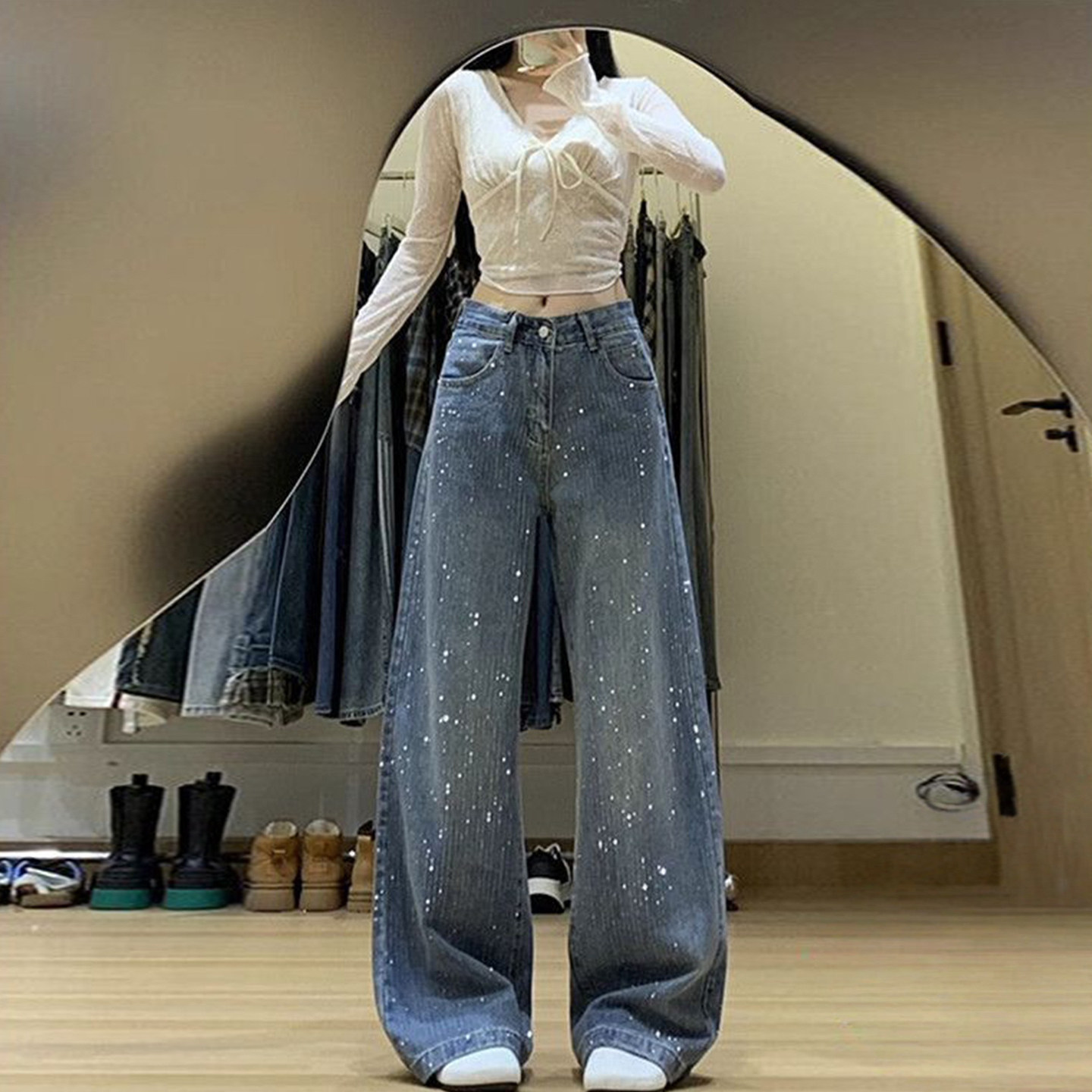 300斤特大码女装学生重工烫钻牛仔裤女胖mm蓝色高腰宽松阔腿裤子,女装/女士精品,大码裤装,淘宝优惠券,粉丝福利购,淘宝优惠卷