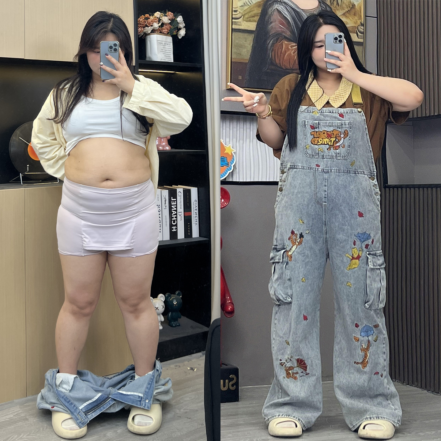 特大码女装卡通刺绣设计感背带裤