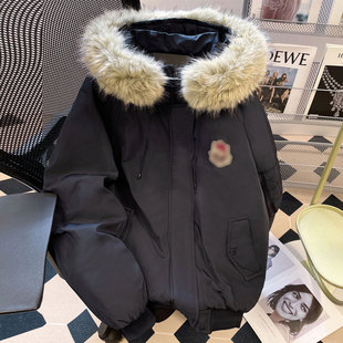 加厚保暖派克服外套 女装 胖mm特大装 藏青色连帽毛领棉服女今年爆款