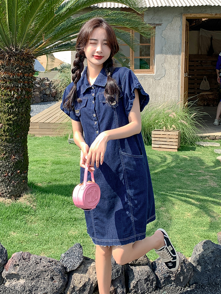 特大码牛仔连衣裙女短袖胖mm新款韩版休闲宽松中长款小个子衬衫裙