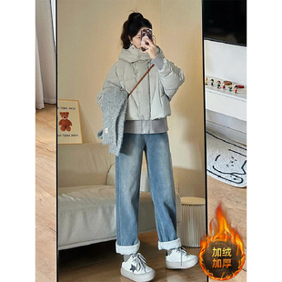 300斤大码女装韩系加绒牛仔裤女冬季胖mm保暖加厚裤子窄版直筒裤