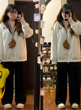 大码女装胖mm韩版格子拼接连帽上衣女春季简约风学生百搭长袖外套