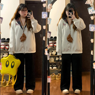 简约风学生百搭长袖 大码 格子拼接连帽上衣女秋季 胖mm韩版 外套 女装