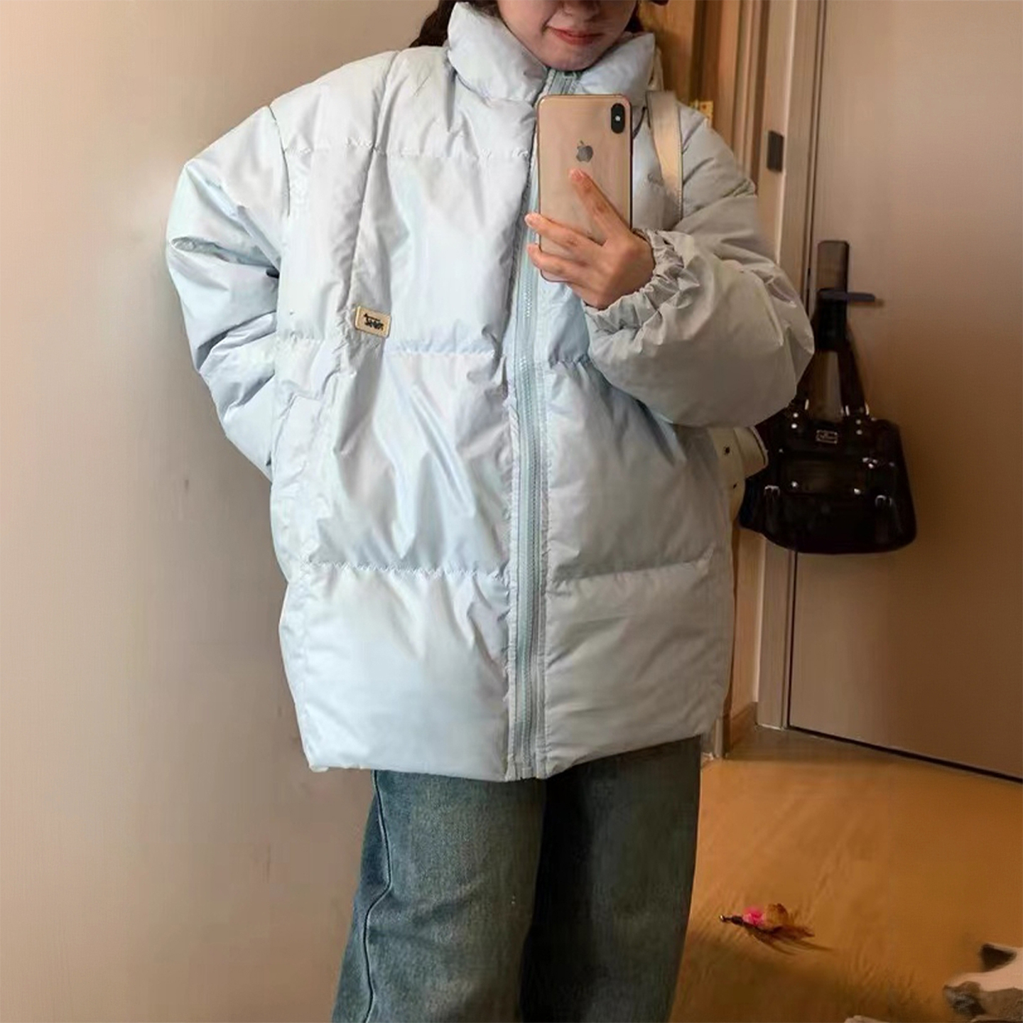 大码女装胖mm蓝色宽松休闲风棉衣