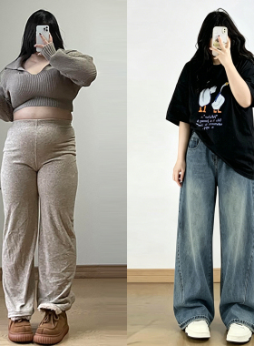 特大码女装慵懒风蓝色高腰遮肉阔腿牛仔裤女胖mm今年流行款的裤子