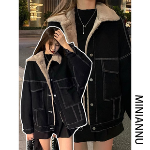 300斤特大码 宽松学生黑色加绒加厚棉服 胖mm羊羔毛牛仔外套女韩版
