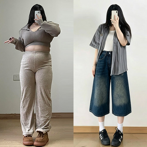 慵懒风减龄休闲七分裤大码女胖mm