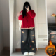 特大码 子 女胖mm黑色显瘦加绒加厚阔腿裤 女装 圣诞氛围感穿搭牛仔裤
