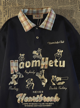 300斤大码深蓝色格子拼接polo领短袖t恤女胖mm宽松bf慵懒风上衣潮