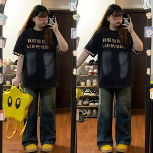 t恤女胖mm独特漂亮巨好看上衣 学生黑色甜酷风百搭短袖 特大码 女装