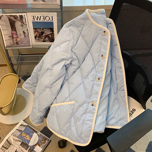 短款 高级感蓝色菱格棉服女胖mm秋冬时尚 棉袄外套 女装 300斤特大码