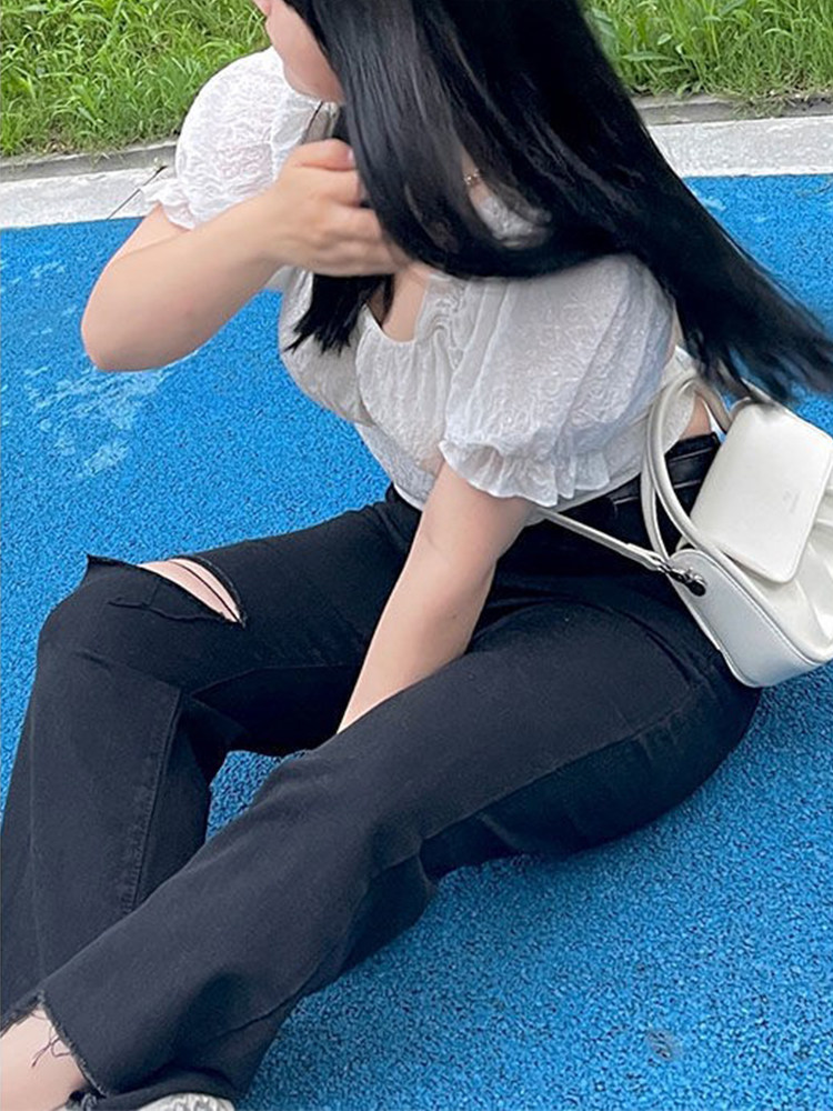 300 POUNDS EXTRA LARGE SIZE WOMENS CLOTHING THIN CROTCH BLACK CROPPED JEANS WOMENS FAT MM LOOSE INS RIPPED STRAIGHT PANTS