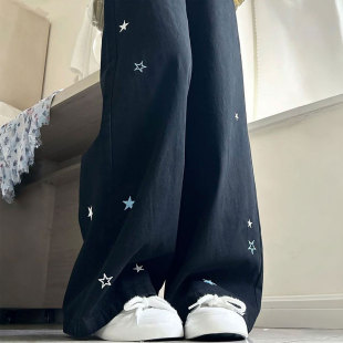 女胖mm设计感星星刺绣百搭直筒裤 学院风黑色高腰牛仔裤 子 女装 大码