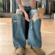 女早春设计感宽松休闲直筒裤 蓝色高腰破洞牛仔裤 子 女装 胖mm特大码