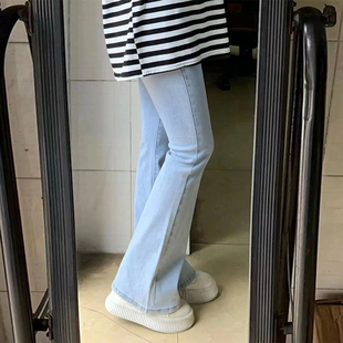 女春秋女款 胖mm大码 女装 浅色弹力阔腿牛仔裤 子 学生宽松显瘦微喇裤