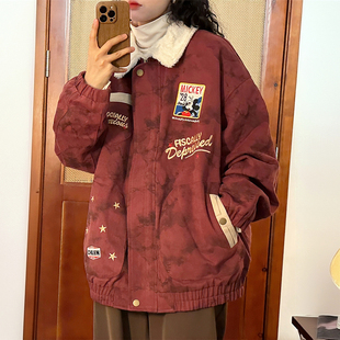 300斤大码 宽松百搭棉服外套女胖mm酒红色小众设计感夹克上衣 女装