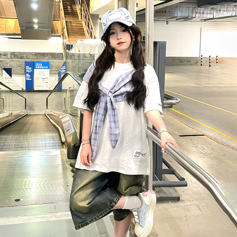 大码胖mm美式复古蝴蝶结格子绑带短袖t恤女休闲宽松学生半袖上衣