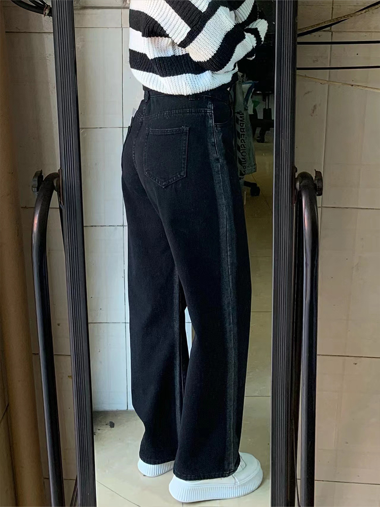 特大码胖mm黑色渐变直筒牛仔裤女秋季新款高腰宽松显瘦百搭阔腿裤