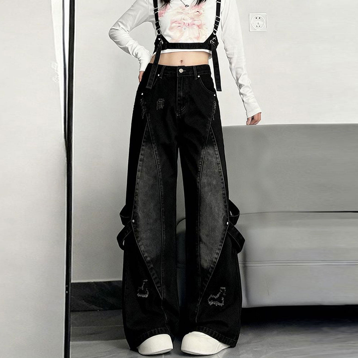 特大码胖mm辣妹风黑色工装阔腿牛仔裤女梨型遮胯显瘦加长拖地裤子,女装/女士精品,大码裤装,淘宝优惠券,粉丝福利购,淘宝优惠卷