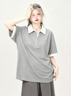 300斤特大码女装胖mm韩系灰色Polo领短袖t恤女松弛感休闲宽松上衣