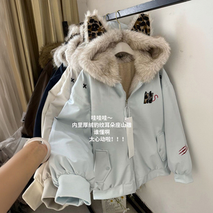 大码 学院风可爱猫耳朵保暖棉服女胖mm学生显瘦百搭连帽厚外套 女装
