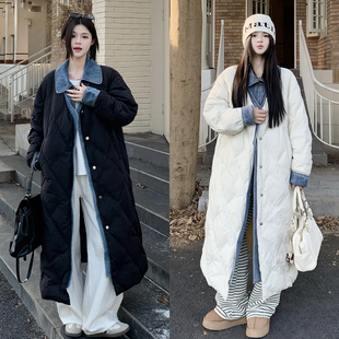 夹棉棉服女2025新款 假两件牛仔拼接长款 胖mm显瘦保暖外套 女装 大码