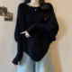 女装 胖mm蝙蝠袖 黑色简约慵懒风斜肩长袖 大码 上衣女秋季 新款 针织衫