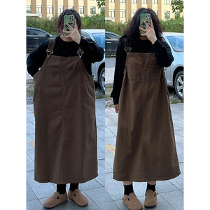 胖mm美拉德棕色牛仔背带裙女春秋新款裙子大码女装连衣裙显瘦长裙