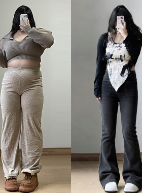 特大码女装黑色独特超好看的牛仔裤女胖mm慵懒风高腰弹力微喇裤子