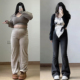 女胖mm慵懒风高腰弹力微喇裤 特大码 牛仔裤 黑色独特超好看 子 女装
