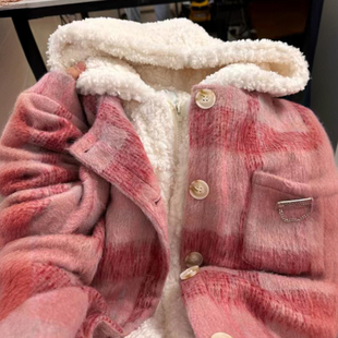 300斤特大码 红格加厚保暖毛呢外套女胖mm韩系遮肉显瘦高级感棉服