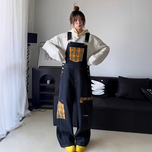 女装 连体长裤 韩版 女胖mm格纹拼接工装 子 学院风黑色牛仔背带裤 大码