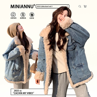 300斤特大码宽松显瘦保暖棉服女胖mm加绒加厚牛仔拼接羊羔毛外套