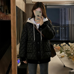 胖mm特大码 黑色加厚保暖棉服上衣女简约慵懒风假两件设计连帽外套