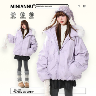 宽松百搭连帽棉服 胖mm学院风加厚紫色保暖外套女2025新款 大码 女装