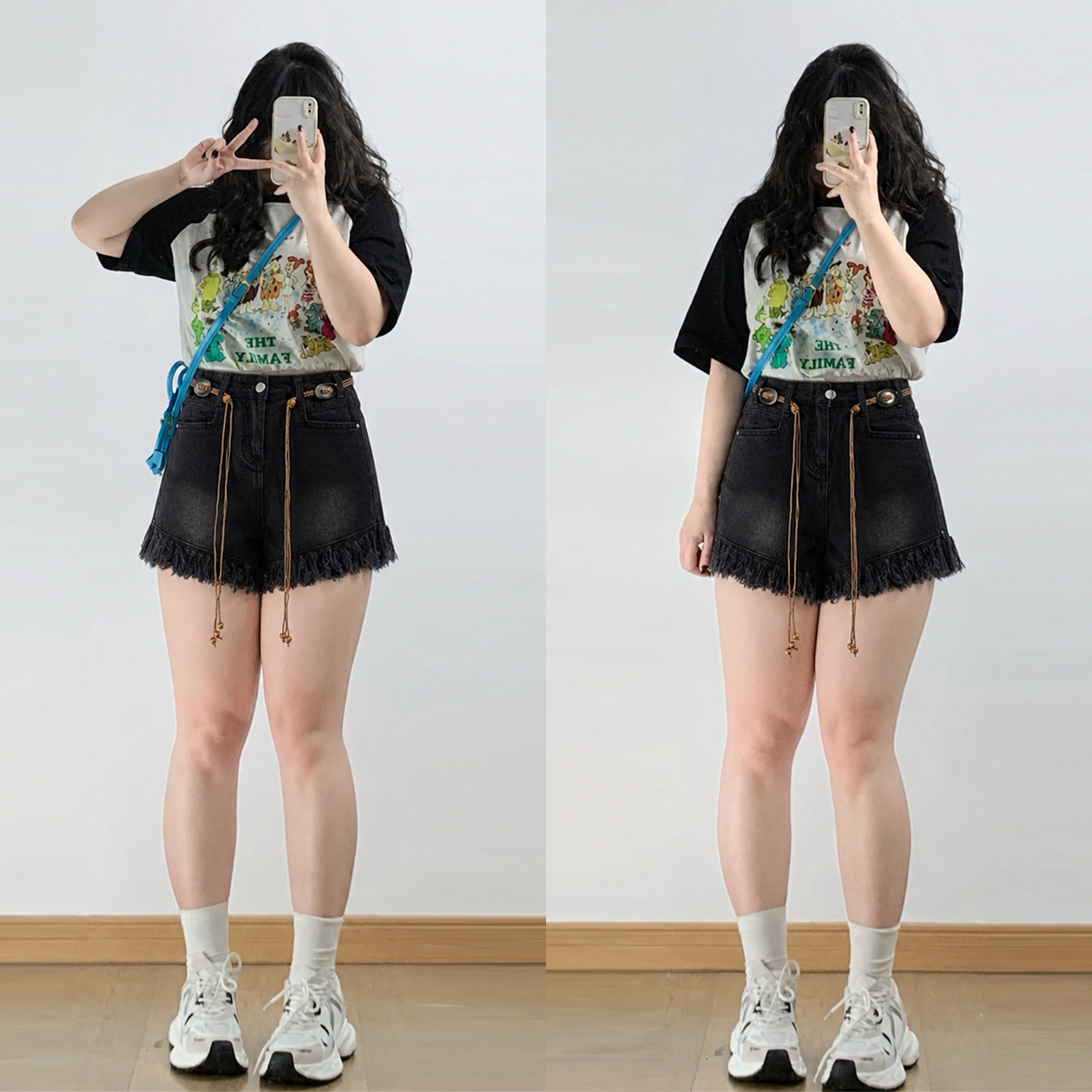 胖mm大码女装复古风黑色阔腿牛仔短裤女设计感流苏高腰a字热裤子