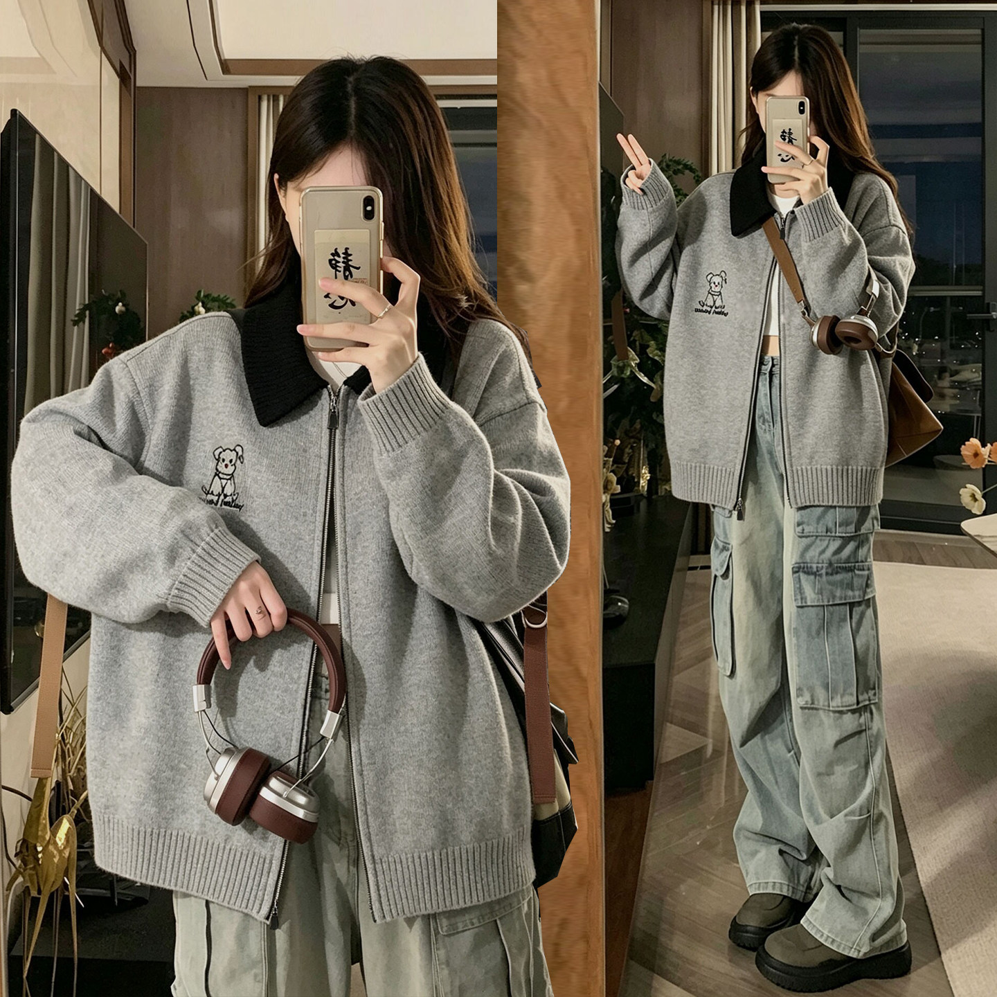 大码女装设计感灰色刺绣针织外套女秋冬胖mm翻领撞色休闲拉链开衫