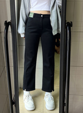 300斤大码胖mm黑色直筒牛仔裤女夏季新款女装裤子显瘦九分烟管裤