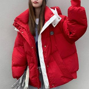 连帽羽绒棉服女胖mm宽松高级感超好看面包服外套 红色短款 大码 女装