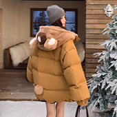 咖色可爱小熊连帽棉服女胖mm宽松超好看 300斤大码 女装 二棉外套