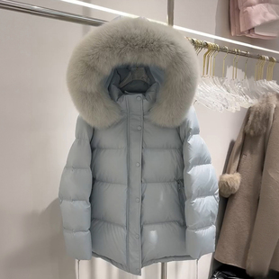 胖mm时髦减龄保暖夹棉外套 蓝色加厚连帽毛领棉服女冬季 特大码 女装