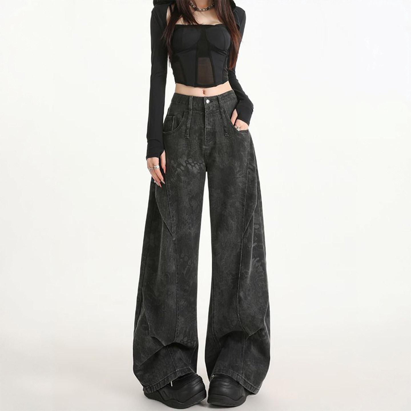 300斤特大码黑灰色工装阔腿牛仔裤女胖mm高腰遮胯显瘦辣妹长裤子,女装/女士精品,大码裤装,淘宝优惠券,粉丝福利购,淘宝优惠卷