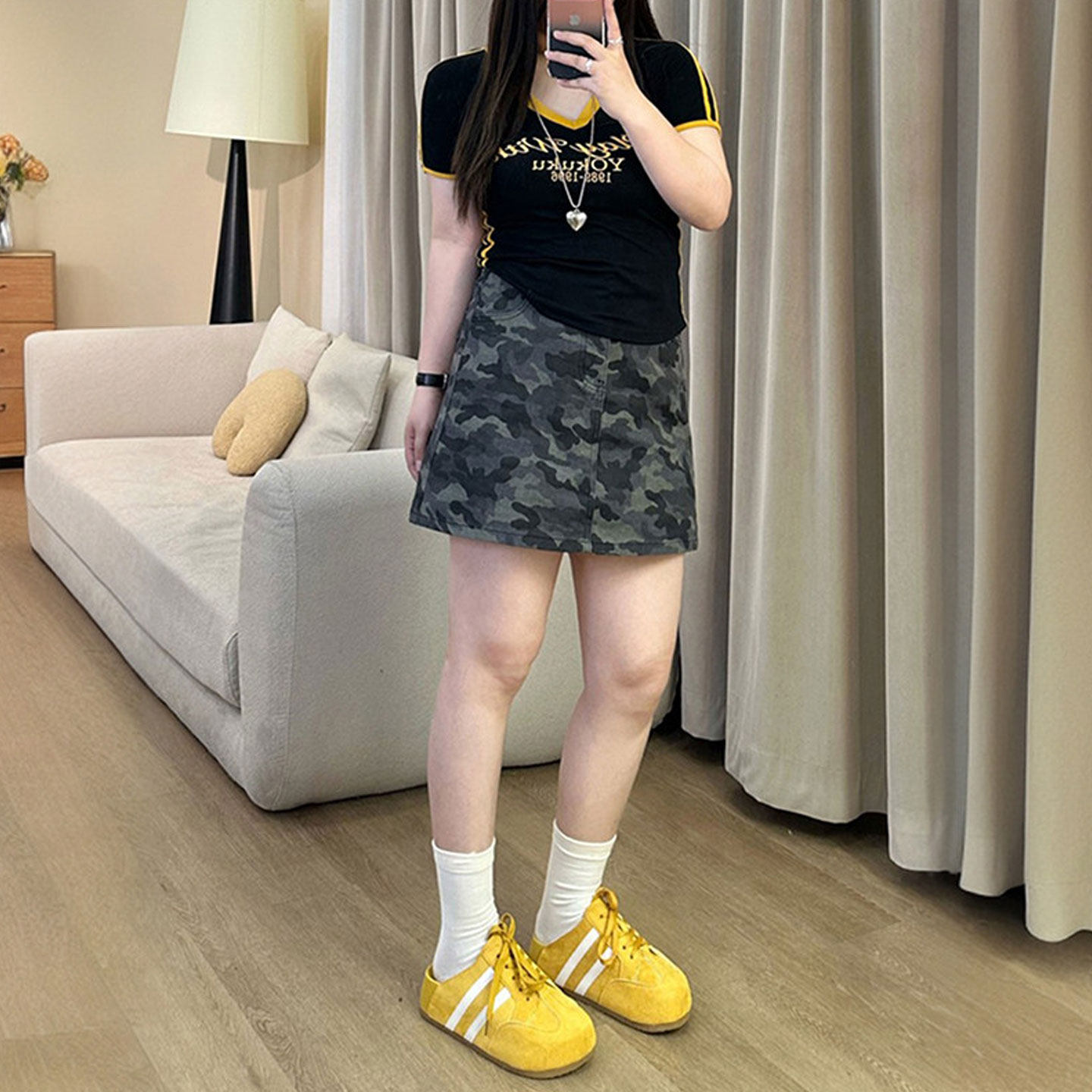 大码女装胖mm辣妹风美式复古迷彩牛仔半身裙女夏季百搭减龄短裙子