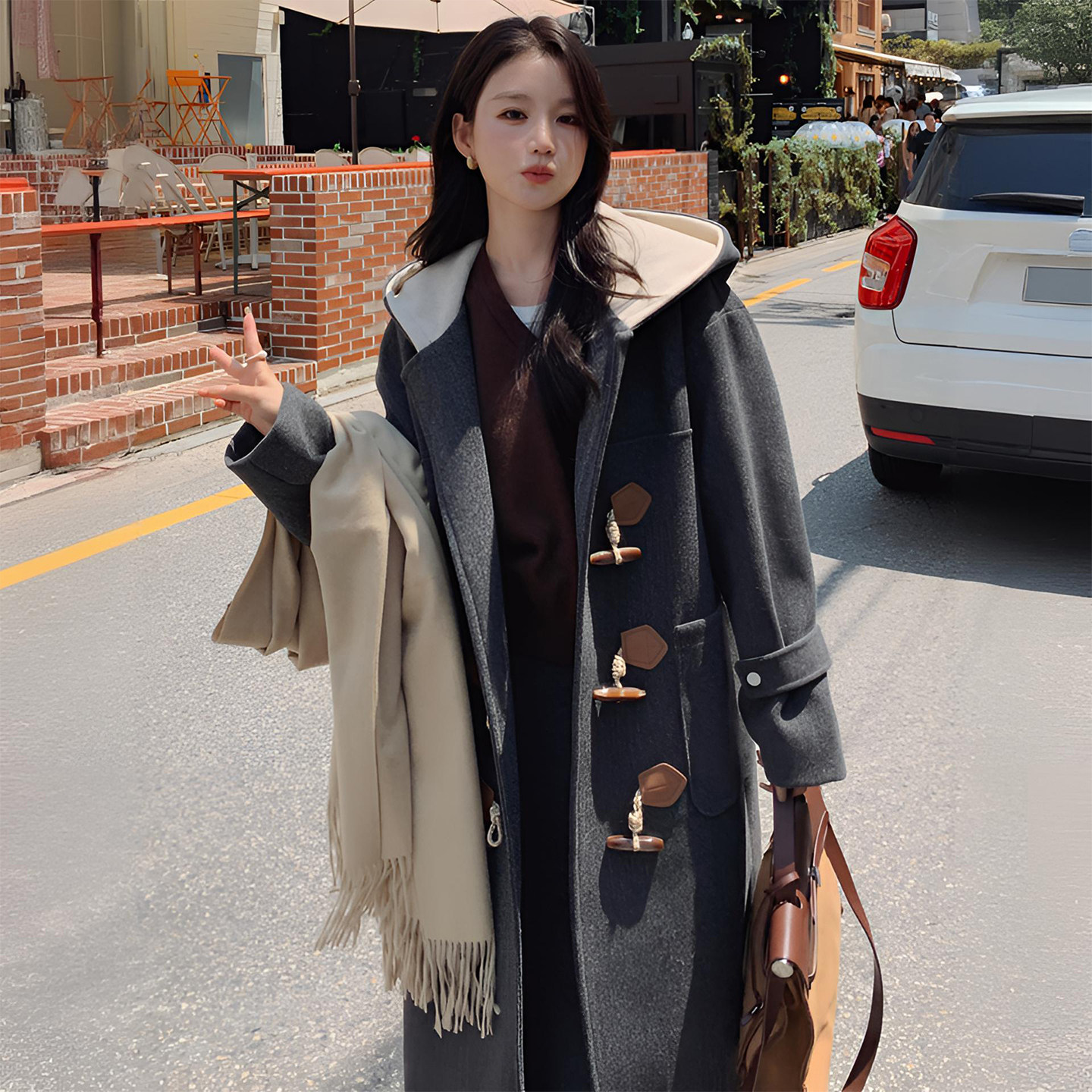 300斤大码女装灰色慵懒风毛呢外套女胖mm保暖加厚中长款连帽大衣