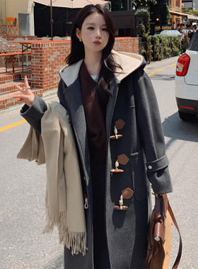 300斤大码女装灰色慵懒风毛呢外套女胖mm保暖加厚中长款连帽大衣