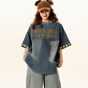 慵懒风短袖 特大码 水洗做旧牛仔t恤女宽松韩版 女装 上衣潮 胖mm美式