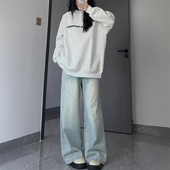 300斤特大码 子宽松垂感显瘦直筒裤 韩系浅蓝色牛仔裤 女胖mm学生裤