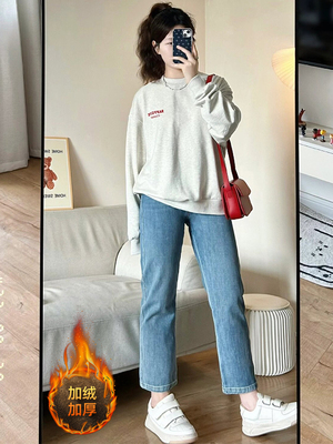 特大码女装复古高腰直筒牛仔裤女