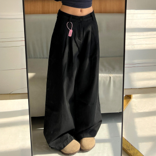 女高级感简约百搭休闲长裤 高街显瘦黑色阔腿牛仔裤 子 美式 胖mm大码