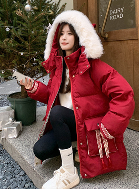 300斤特大码女装胖mm大毛领红色棉服女加厚今年流行冬装棉衣外套